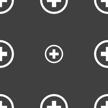 Plus, Positive, zoom icon sign. Seamless pattern on a gray background. illustration