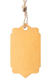 Blank tag tied with brown string isolated against a white background, clipping path