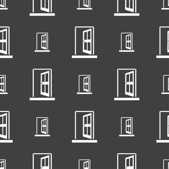 Door, Enter or exit icon sign. Seamless pattern on a gray background. illustration