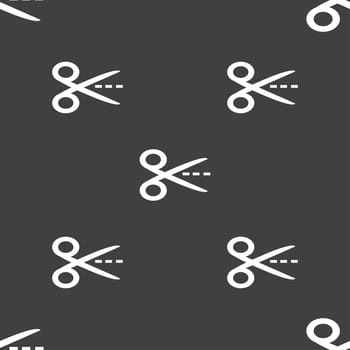 Scissors with cut dash dotted line sign icon. Tailor symbol. Seamless pattern on a gray background. illustration