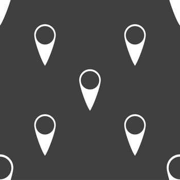 Map pointer icon. GPS location symbol. Seamless pattern on a gray background. illustration