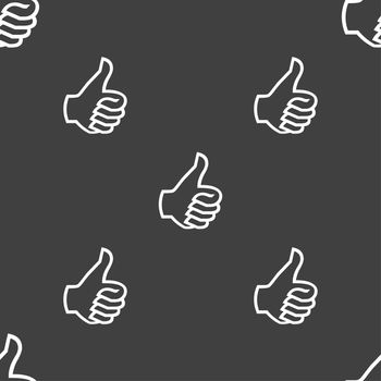 Like sign icon. Thumb up sign. Hand finger up. Seamless pattern on a gray background. illustration
