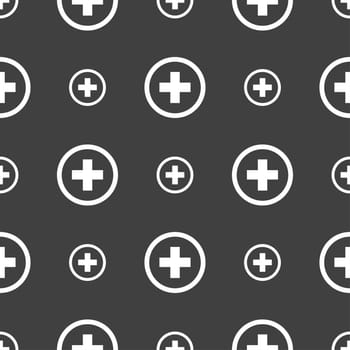 Plus, Positive, zoom icon sign. Seamless pattern on a gray background. illustration