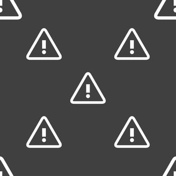 Attention caution sign icon. Exclamation mark. Hazard warning symbol. Seamless pattern on a gray background. illustration