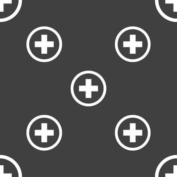 Plus sign icon. Positive symbol. Zoom in. Seamless pattern on a gray background. illustration