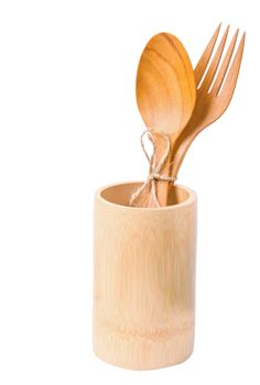 wooden spoon and wooden glass isolated on white background, clipping path