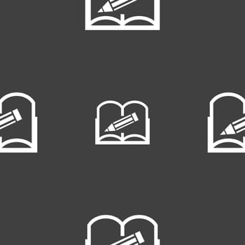 Book sign icon. Open book symbol. Seamless pattern on a gray background. illustration