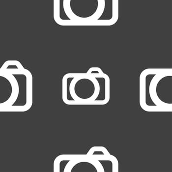 Photo camera sign icon. Digital photo camera symbol. Seamless pattern on a gray background. illustration