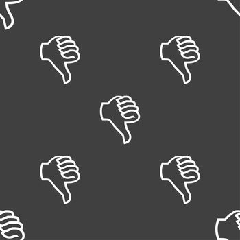 Dislike sign icon. Thumb down sign. Hand finger down symbol. Seamless pattern on a gray background. illustration