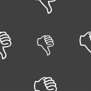 Dislike sign icon. Thumb down sign. Hand finger down symbol. Seamless pattern on a gray background. illustration