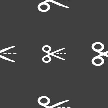 Scissors with cut dash dotted line sign icon. Tailor symbol. Seamless pattern on a gray background. illustration