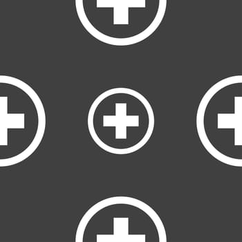 Plus sign icon. Positive symbol. Zoom in. Seamless pattern on a gray background. illustration