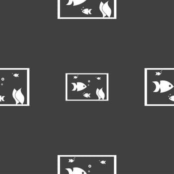 Aquarium, Fish in water icon sign. Seamless pattern on a gray background. illustration