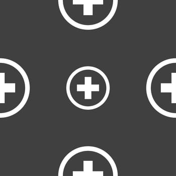 Plus, Positive, zoom icon sign. Seamless pattern on a gray background. illustration