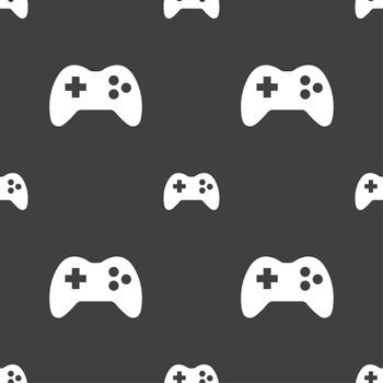 Joystick sign icon. Video game symbol. Seamless pattern on a gray background. illustration