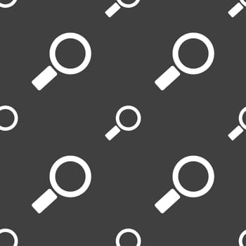 Magnifier glass sign icon. Zoom tool button. Navigation search symbol. Seamless pattern on a gray background. illustration