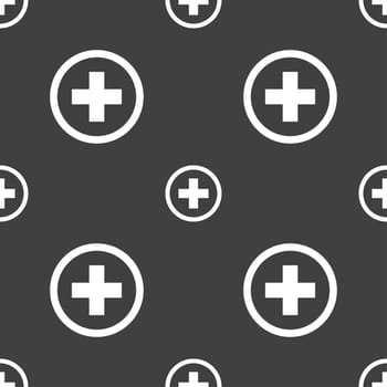 Plus sign icon. Positive symbol. Zoom in. Seamless pattern on a gray background. illustration