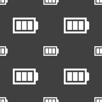 Battery fully charged sign icon. Electricity symbol. Seamless pattern on a gray background. illustration