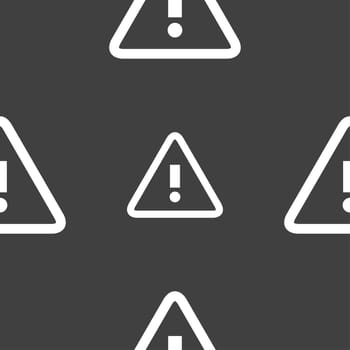 Attention caution sign icon. Exclamation mark. Hazard warning symbol. Seamless pattern on a gray background. illustration