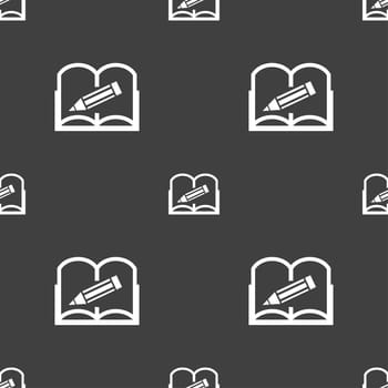 Book sign icon. Open book symbol. Seamless pattern on a gray background. illustration