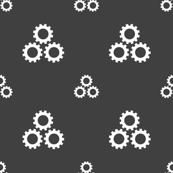 Cog settings sign icon. Cogwheel gear mechanism symbol. Seamless pattern on a gray background. illustration