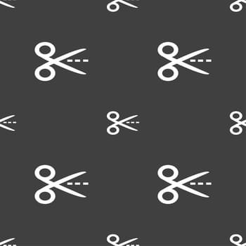 Scissors with cut dash dotted line sign icon. Tailor symbol. Seamless pattern on a gray background. illustration