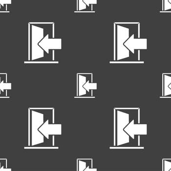 Door, Enter or exit icon sign. Seamless pattern on a gray background. illustration