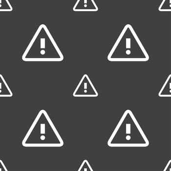 Attention caution sign icon. Exclamation mark. Hazard warning symbol. Seamless pattern on a gray background. illustration