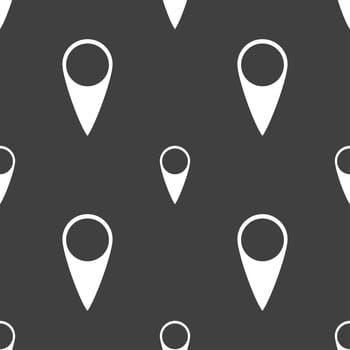 Map pointer icon. GPS location symbol. Seamless pattern on a gray background. illustration