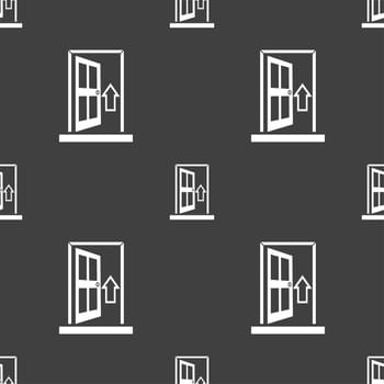 Door, Enter or exit icon sign. Seamless pattern on a gray background. illustration