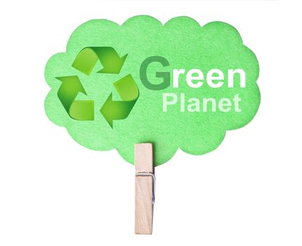 Eco friendly label. Green planet, isolated on white background, clipping path.