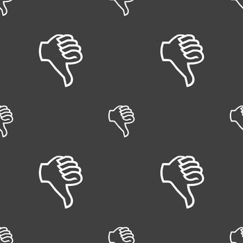 Dislike sign icon. Thumb down sign. Hand finger down symbol. Seamless pattern on a gray background. illustration