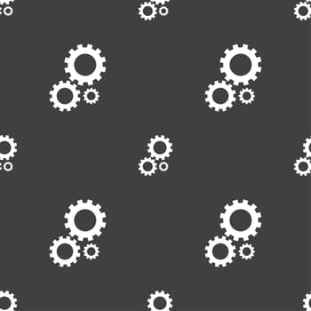 Cog settings sign icon. Cogwheel gear mechanism symbol. Seamless pattern on a gray background. illustration