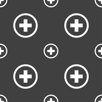 Plus, Positive, zoom icon sign. Seamless pattern on a gray background. illustration