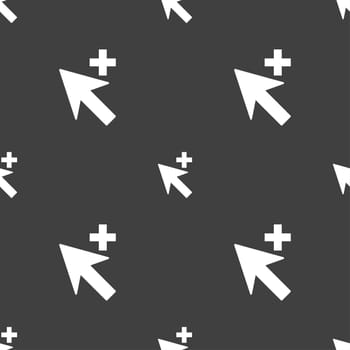 Cursor, arrow plus, add icon sign. Seamless pattern on a gray background. illustration