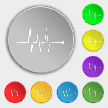 Cardiogram monitoring sign icon. Heart beats symbol. Symbols on eight flat buttons. illustration