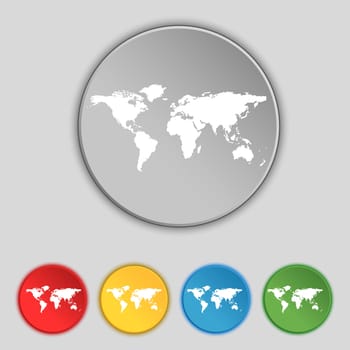Globe sign icon. World map geography symbol. Set colourful buttons. illustration