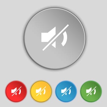 Mute speaker sign icon. Sound symbol. Set colourful buttons. illustration