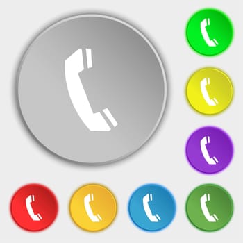 Phone sign icon. Support symbol. Call center. Symbols on eight flat buttons. illustration