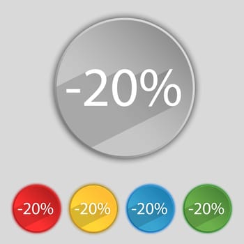 20 percent discount sign icon. Sale symbol. Special offer label. Set of colored buttons illustration