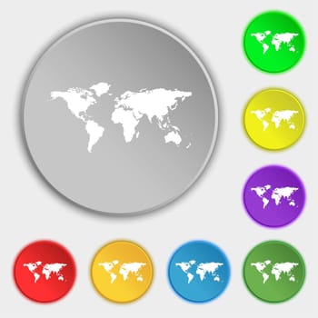 Globe sign icon. World map geography symbol. Symbols on eight flat buttons. illustration