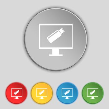 usb flash drive and monitor sign icon. Video game symbol. Set colourful buttons. illustration