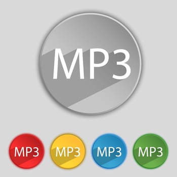 Mp3 music format sign icon. Musical symbol. Set of colored buttons. illustration