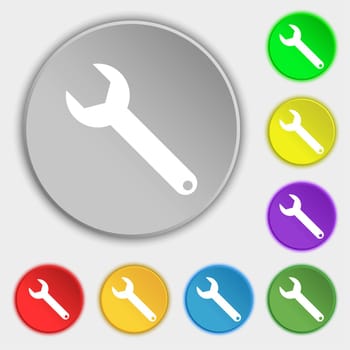 Wrench key sign icon. Service tool symbol. Symbols on eight flat buttons. illustration