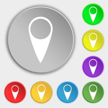 Map pointer icon. GPS location symbol. Symbols on eight flat buttons. illustration