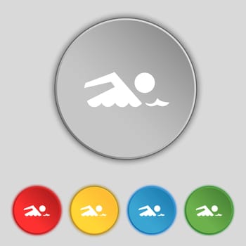 Swimming sign icon. Pool swim symbol. Sea wave. Set colourful buttons illustration