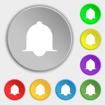 Alarm bell sign icon. Wake up alarm symbol. Speech bubbles information icons.. Symbols on eight flat buttons. illustration