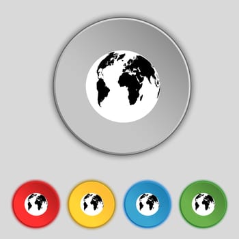 Globe sign icon. World map geography symbol. Set colourful buttons. illustration