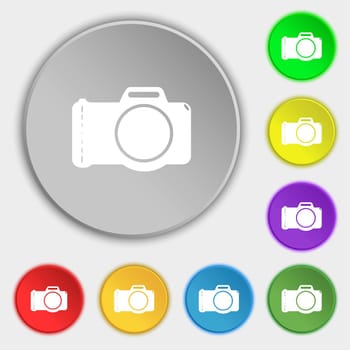 Photo camera sign icon. Digital photo camera symbol. Symbols on eight flat buttons. illustration