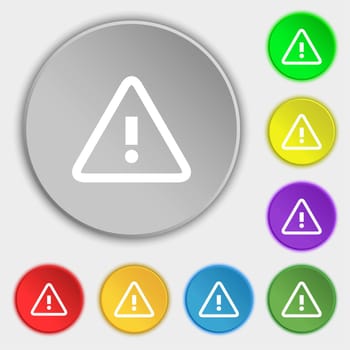 Attention caution sign icon. Exclamation mark. Hazard warning symbol. Symbols on eight flat buttons. illustration